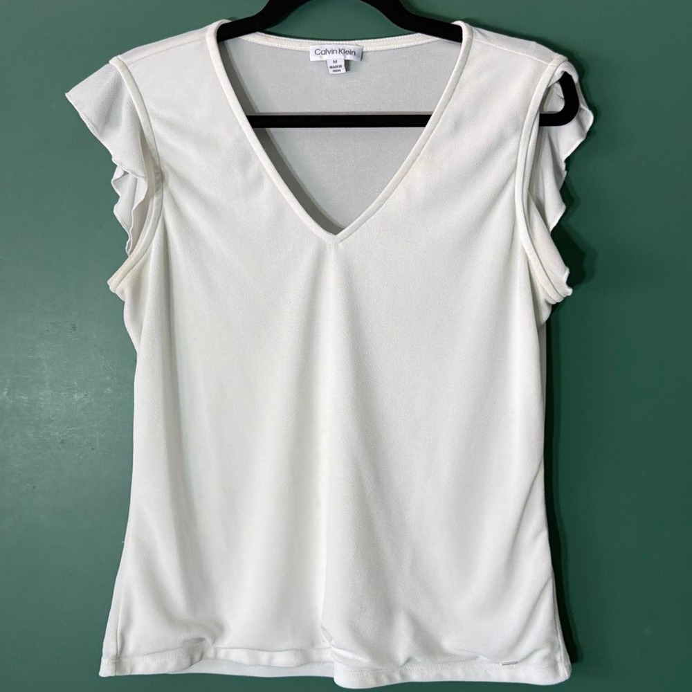 Calvin Klein Vintage White Ruffle Short Sleeve V-Neck Blouse Top Womens Size M